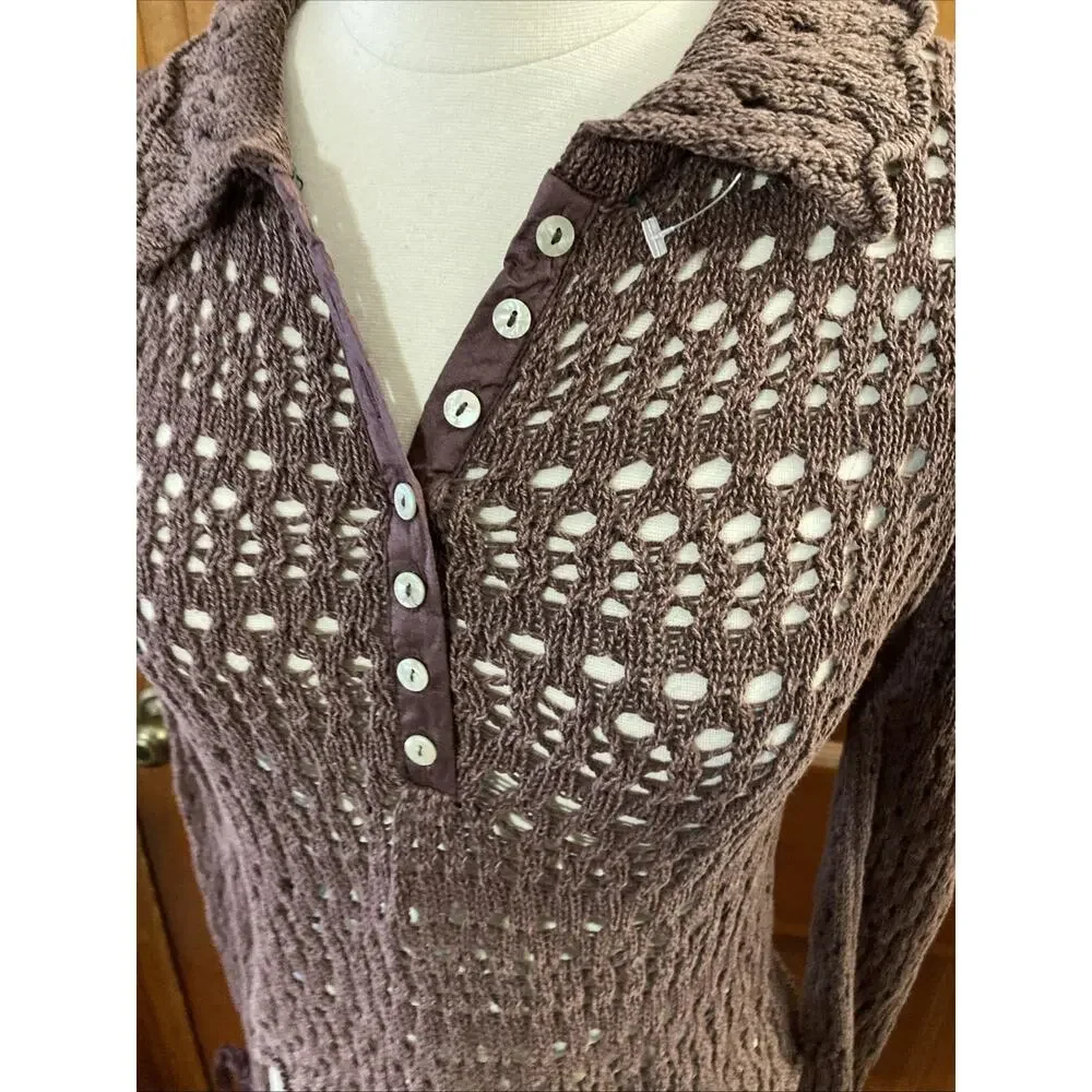 Free People Pointelle Pullover Bell Sleeves Shirt‎ Sz XS Chickory Coffee Brown